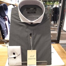 맨하탄셔츠 서면점 가을신상 긴팔 블랙 핀스트라이프 와이드카라 소매 화이트배색 슬림핏 셔츠 24F2413