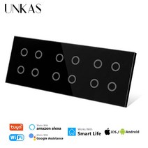 UNKAS 12 Gang WiFi 터치 온/오프 스마트 라이트 스위치 228mm 화이트 블랙 크리스탈 클래스 패널 작업 Tuy, 02 Black_01 Null And Fire Line