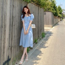 [레티고] 브이넥 꼬임 퍼프 소매 원피스