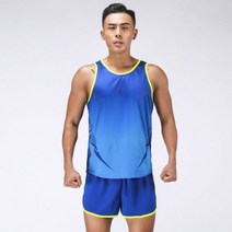 마라톤 싱글렛 남자 트랙 및 필드 세트 얇은 여름 러닝 조끼 반바지 빠른 드라이 Tracksuit Sportwear 인쇄 교육 정장, L, blue