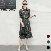 여성 쉬폰 리본 타이 플라워 패턴 플리치 루즈핏 롱 원피스 YJS610