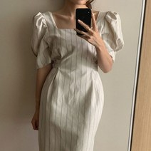 메이비굿 여성원피스 스퀘어넥 세로 스트라이프 H라인