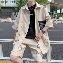 JUST FEEL!NG 베스트 반팔 셔츠 + 반바지 루즈핏 남성 상하세트 봄여름