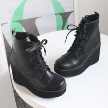 국내제작 웨지 통굽 하이힐 레이스업 지퍼 앵클부츠 블랙 10cm