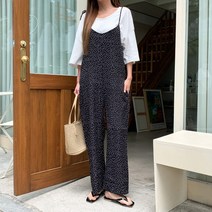 네쥬 여성 여름 와이드 도트 패턴 끈 나시 점프수트