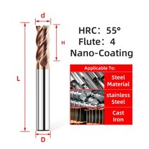 Tooleye HRC55 CNC 카바이드 엔드 밀 4 플루트 금속 용 기계 커터 공구 3 5 6 8 12 생크 텅스텐 스틸 플랫 밀링, [31] d8xD8x100L, [01] 1pc HRC55 4F