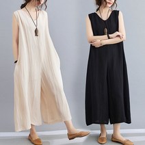 여성 여름 린넨 점프수트 와이드 멜빵바지 7부 민소매 치마바지
