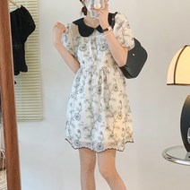 잇츠스타일 여성 블랙 플라워 반팔 쉬폰 꽃무늬 베이비돌 큐티 미니원피스