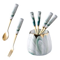 CotZim 대리석 세라믹 과일 포크 3p + 스푼 3p + 티스푼 통 세트, 골드 그린