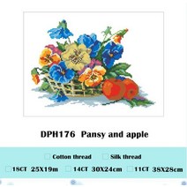 십자수 프랑스 자수 패키지 DIY pansy and apple 크로스 스티치 키트 꽃, 하얀, 실크 실, 11ct 언프린트 캔버스