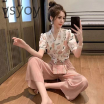 vsyoy 여름 한국 스타일 새로운 쉬폰 여성 반팔 우아한 패션 정장 캐주얼 와이드 레그 팬츠 발목 길이 바지 유행 투피스 세트