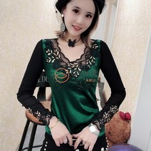 오르난 여성 슬림핏 레이스 브이넥 티셔츠 OR224