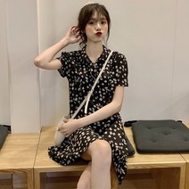 플라워원피스 스위트 숏 큐트 플랫카라 작은 키 150 여름옷 러블리 무드 155 왜소 극 신선 4803443599, 블랙 XXL