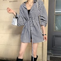 [캣츠원피스] 여자체크셔츠 핏 허리끈 오버핏남방