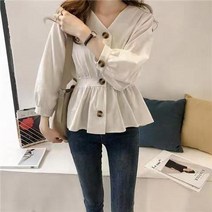 YAPOGI 무생채 A라인 페플럼 블라우스 허리 조이는 브이넥 상의 여 긴팔 화이트 셔츠