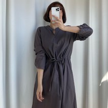 [ 걸스힙 ][ ][ 너무 편한 ] 루즈핏 허리 스트링 미디 코튼 면 브이넥 러블리 원피스