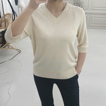 여자 데일리 브이넥 금사 무지 니트 티셔츠