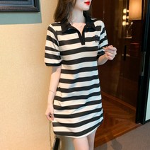 캐주얼 스트라이프 원피스 여름 루즈넥 미디 원피스