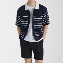 스타일에스 남자 오버핏 스트라이프 카라 여름 니트 반팔 가디건