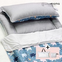 와이즈마마 40oz 리버서블양면토퍼패드 사계절 여름 어린이집 일체형 낮잠이불 풀세트+세탁경추베개솜+방수가방+파우치 미드나잇, 낮잠세트 리버서블토퍼형 여름인견/경추마이크로화이버/미드나잇