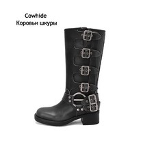 웨스턴부츠 Heihaian 여성용 2023 부츠 라운드 헤드 두꺼운 힐 레트로 스타일 패션 벨트 버클 사계절 착용