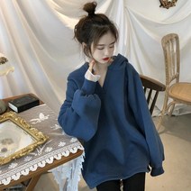 오버핏 후드티 빅사이즈 루즈핏 후드 브이넥 여성 맨투맨 Whr0597