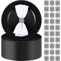 Bokon 200피스 충전기 플레이트 냅킨 링 벌크 33cm(13인치) 100개의 라운드 비즈 100개 메시 다이아몬드 홀더 플라스틱 세트 디너 웨딩 파티 테이블 세팅용(블랙), 블랙.