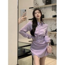 보라색 가을 카라 셔츠형 정장 하객 결혼식 미니 원피스 슬림 파티 수입 쉬폰 실키 SY
