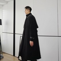 남성용 가을 겨울 레더 견장 롱 코트 아우터 케이프코트 소매 버클 장식 뽀글이 아우터