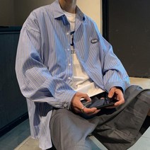 스트라이프긴팔셔츠 긴소매 남자 와이드 루즈핏 트렌드 탑코트 캐쥬얼 체크셔츠 건달카리스마 2752815023