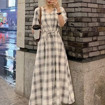 브이넥 체크 스트링 롱스커트 여름 여성 루즈핏 부드러운 원피스