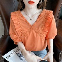 여름 프렌치 브이넥 티 목 귀 뒤 크로스 백 느낌 상의