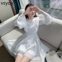 vsyoy 이른 봄 2023 새로운 쉬폰 기질 드레스 여신 팬 화이트 로터스 칼라 하이 허리 긴 소매 A 라인 스커트