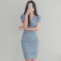 신세계TV쇼핑 [옷자락] 여자 와플짜임 스판 V넥 퍼프 반팔 슬림 미니원피스