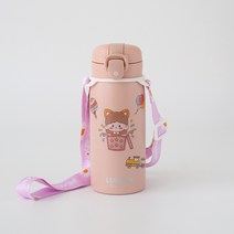 프레쉬어랏 럭키 원터치 보온보냉 스텐 미니텀블러 350ml + 스티커 + 스트랩 세트, 핑크