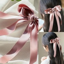 새틴 롱리본 자동 헤어핀(핑크) 헤어업스타일 쉬폰집게핀 단발머리집게