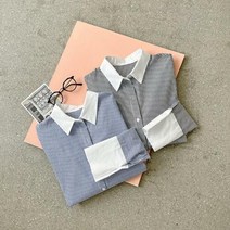 여자 줄지 카라 커프스 배색 면남방 스트라이프 셔츠