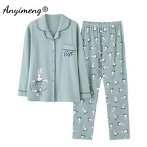 여름 잠옷 코튼 레이디 니트 ewear파자마 Nightdress 레저 세트 여자 여성 겨울 Loungewear 가을