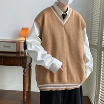 남자 니트 베스트 남성 빈티지 느슨한 넥 블랙 스트라이프 조끼 민소매 니트 대학 스웨터 패션