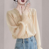 FANSYLI 여성 봄가을 프릴 긴팔 쉬폰 블라우스 루즈핏 나팔 소매 블라우스 상의 W7J17