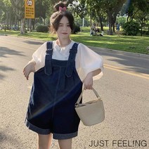 JUST FEEL!NG 여름 여성 빅사이즈 와이드 멜빵바지 데일리 트레이닝 데이트룩 청반바지