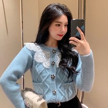 여성 레이스 카라 니트 가디건 심플 간절기 빅레이스 라운드넥 크롭 슬림 러블리 데이트룩