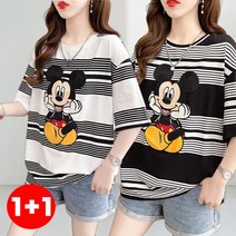 1+1 여성 미키모우스 반팔티 스트라이프 티셔츠 빅사이즈 55~88