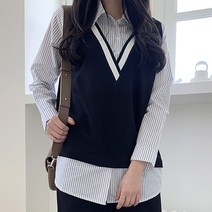 로로텐 스트라이프 배색 카라 티셔츠 긴팔 여성 빅사이즈