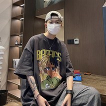 여름 애니메이션 반필티 루즈핏 티셔츠 남자 힙합스타일 오버핏 반팔T