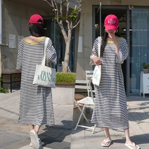 하늘바라기 여성용 라인 배색 롱 원피스