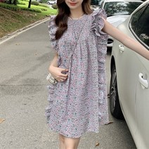 잇츠스타일 여성 자글 주름 빅 프릴 쉬폰 데일리 꽃무늬 민소매 베이비돌 미니원피스