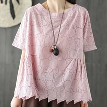 Three-box THE _린넨블라우스 린넨 여성 티 티셔츠 블라우스 여름 반팔 펀칭