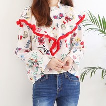 하늘바라기 여성용 플라워 수술 긴팔 블라우스