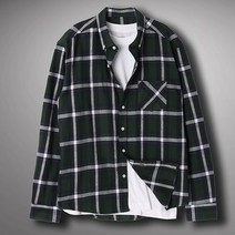 바이훈 남성 빅사이즈 모직 그린 사각 체크 긴팔 셔츠